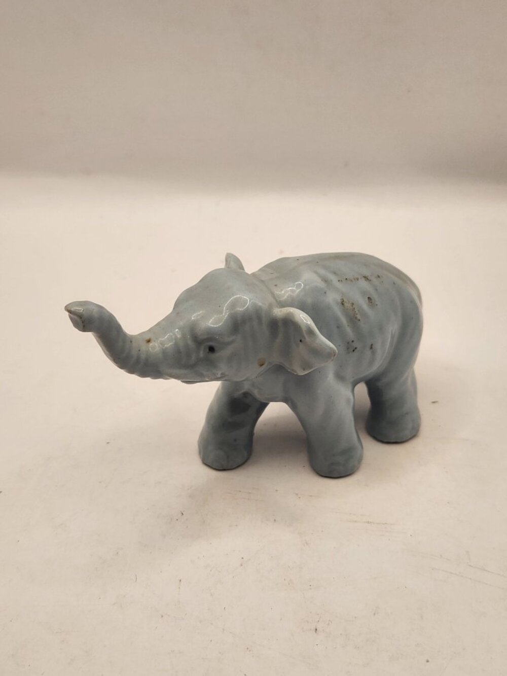 Miniature Ceramic Elephant Figurine Gray Japan Lucky Trunk Up
